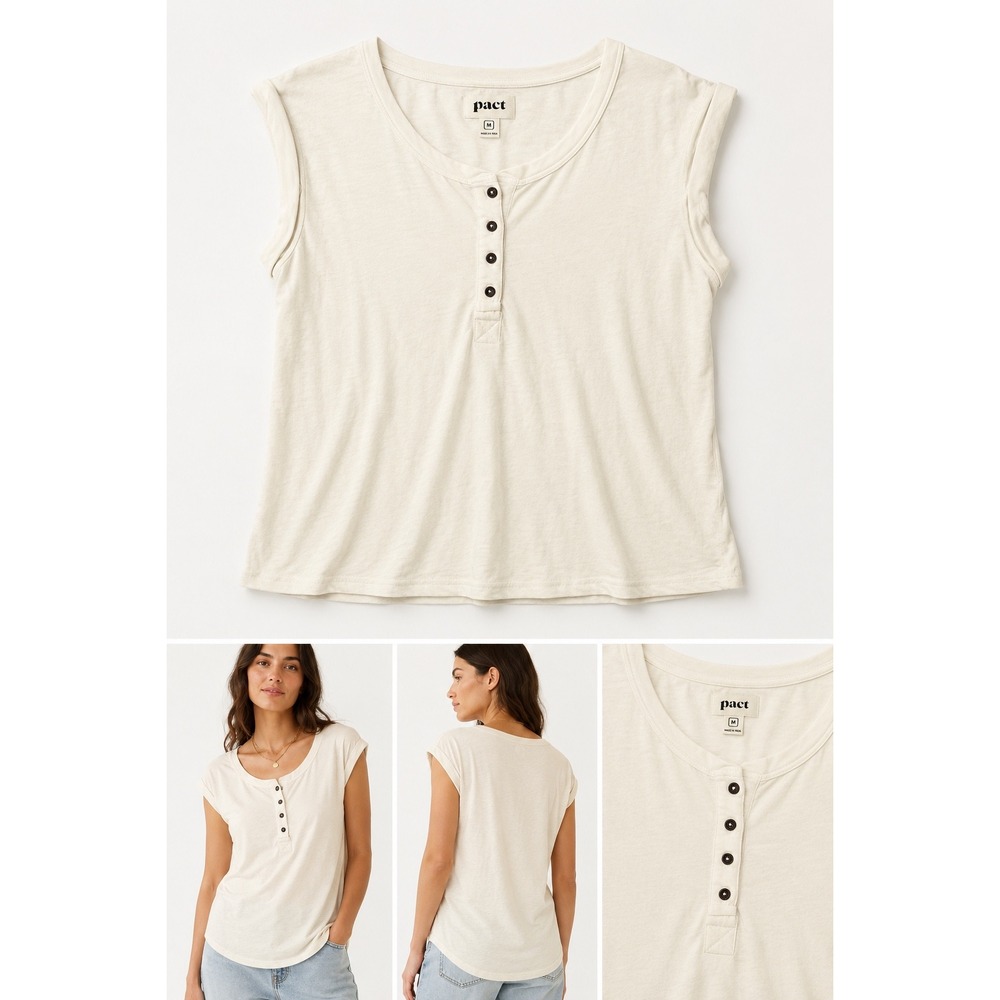 Pact Organic Cotton Linen Henley Tank Top Cream Sleeveless Shirt Medium